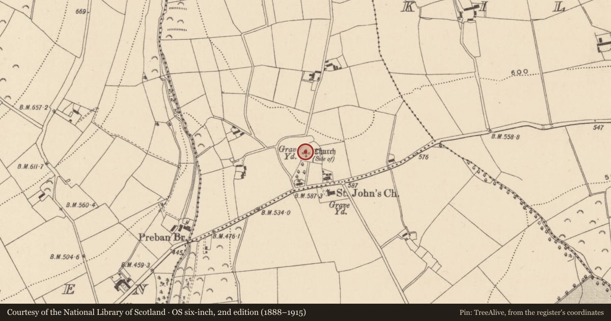 Ordnance Survey six-inch map, 2nd edition (1888–1915) covering the location of Church, Preban, County Wicklow, with a pin at the register's coordinates