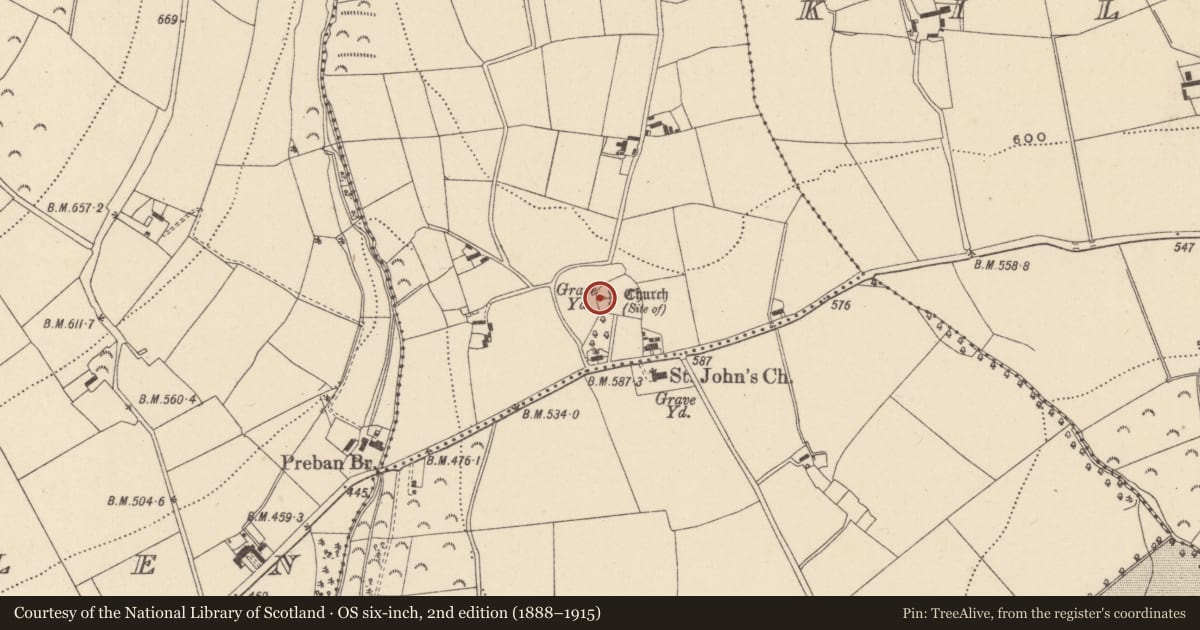 Ordnance Survey six-inch map, 2nd edition (1888–1915) covering the location of Ecclesiastical enclosure, Preban, County Wicklow, with a pin at the register's coordinates
