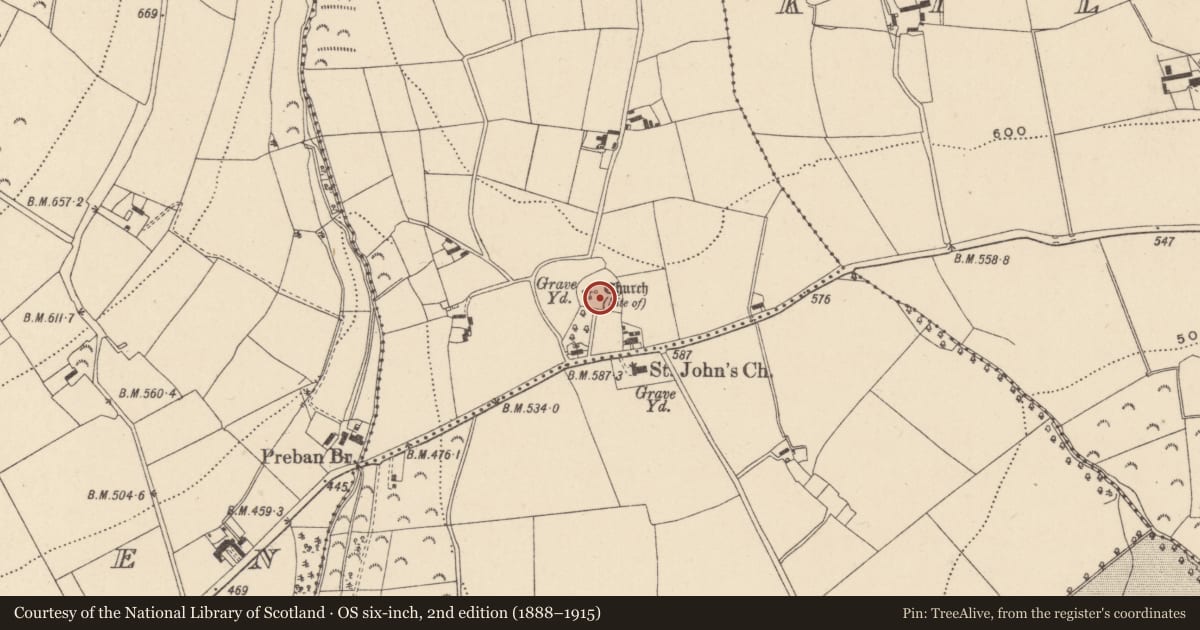 Ordnance Survey six-inch map, 2nd edition (1888–1915) covering the location of Rock art, Preban, County Wicklow, with a pin at the register's coordinates