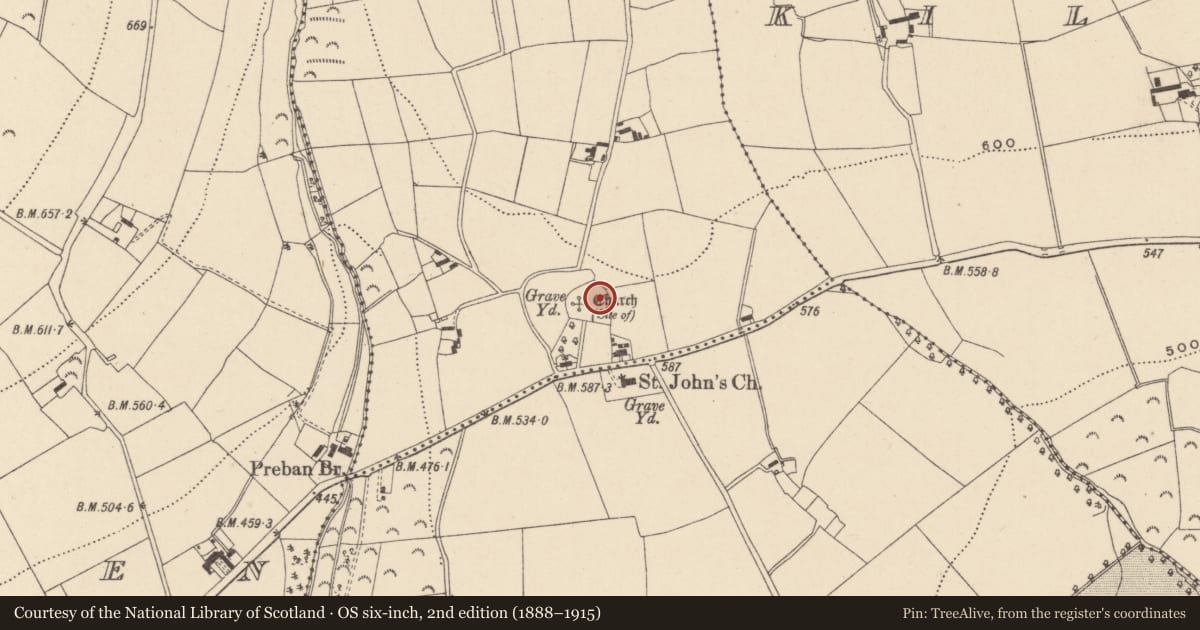 Ordnance Survey six-inch map, 2nd edition (1888–1915) covering the location of Cross, Preban, County Wicklow, with a pin at the register's coordinates