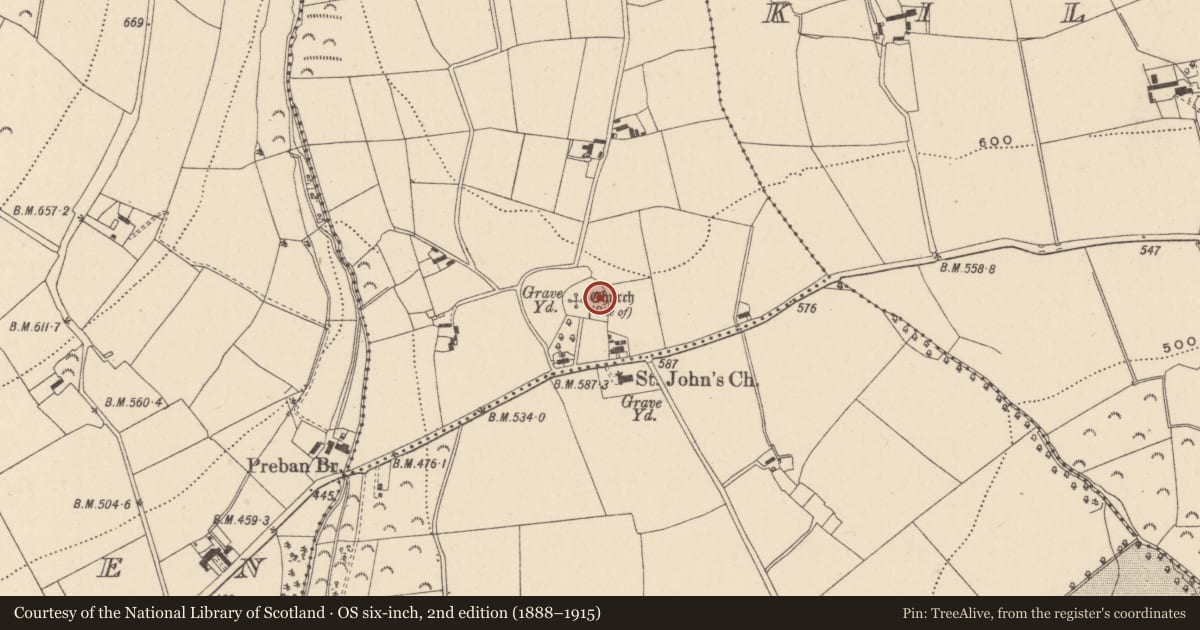 Ordnance Survey six-inch map, 2nd edition (1888–1915) covering the location of Rock art, Preban, County Wicklow, with a pin at the register's coordinates
