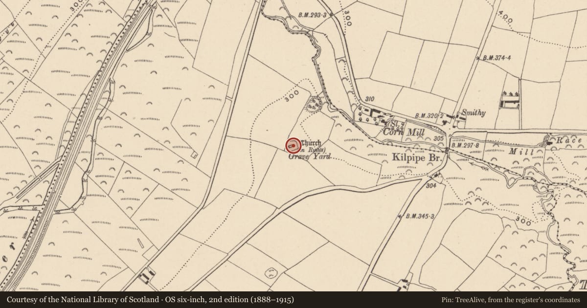 Ordnance Survey six-inch map, 2nd edition (1888–1915) covering the location of Church, Kilpipe, County Wicklow, with a pin at the register's coordinates