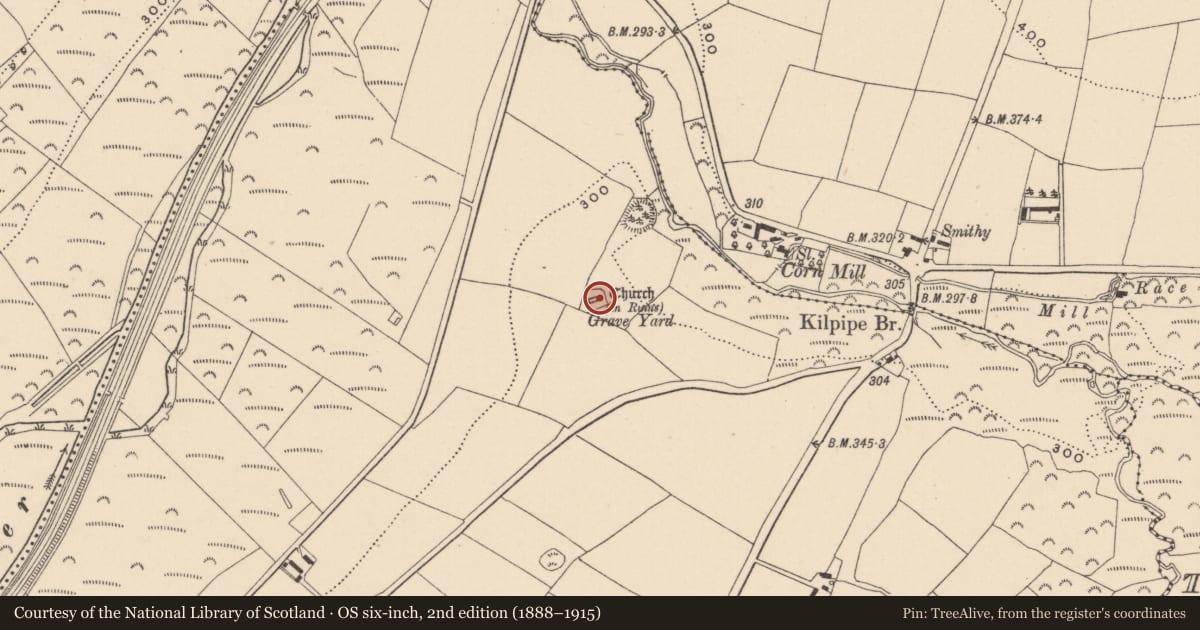 Ordnance Survey six-inch map, 2nd edition (1888–1915) covering the location of Graveyard, Kilpipe, County Wicklow, with a pin at the register's coordinates