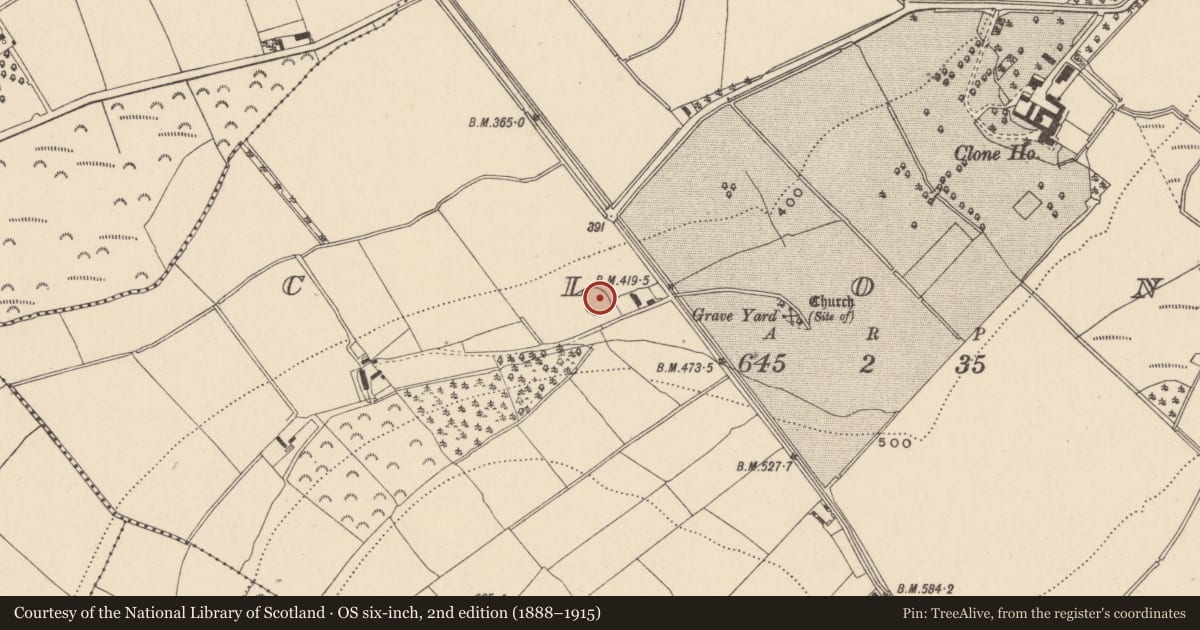 Ordnance Survey six-inch map, 2nd edition (1888–1915) covering the location of Ringfort - rath, Clone, County Wicklow, with a pin at the register's coordinates