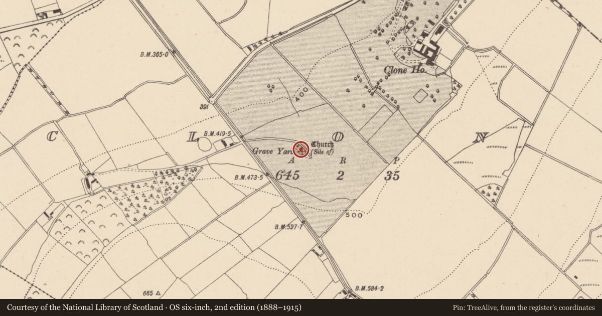 Ordnance Survey six-inch map, 2nd edition (1888–1915) covering the location of Church, Clone, County Wicklow, with a pin at the register's coordinates