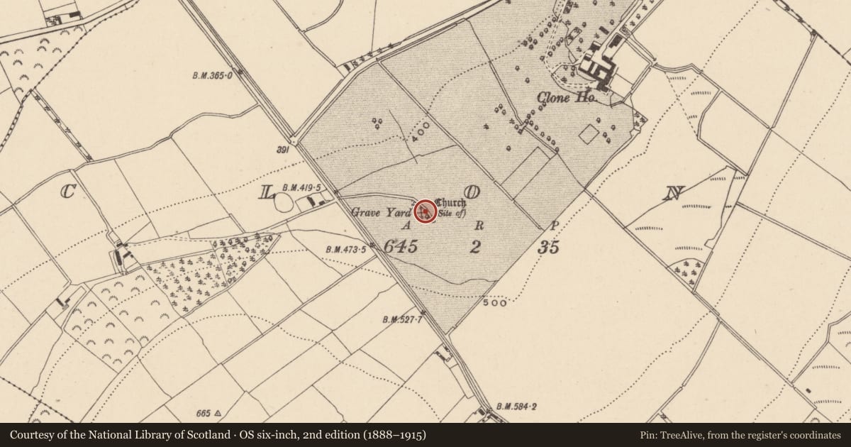 Ordnance Survey six-inch map, 2nd edition (1888–1915) covering the location of Ecclesiastical enclosure, Clone, County Wicklow, with a pin at the register's coordinates