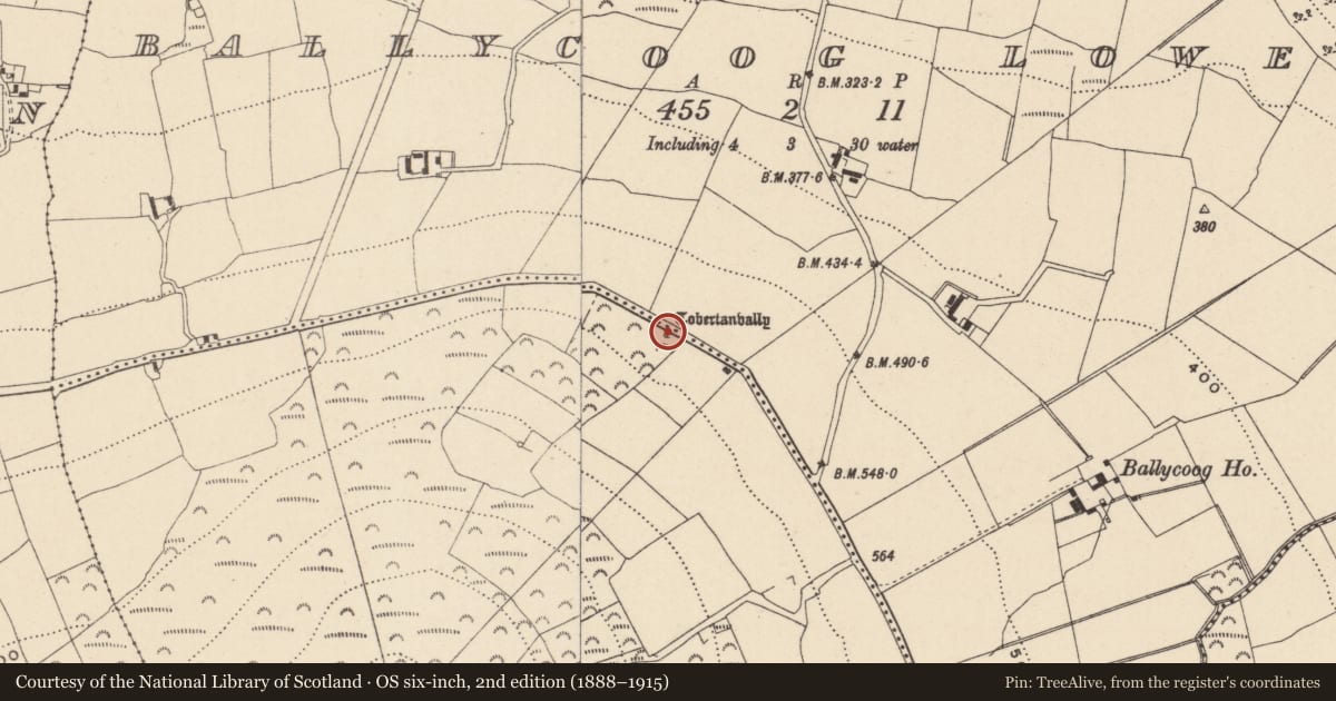 Ordnance Survey six-inch map, 2nd edition (1888–1915) covering the location of Ritual site - holy well, Ballycoog Upper, County Wicklow, with a pin at the register's coordinates