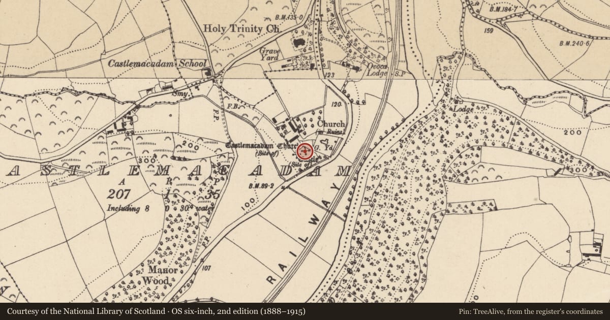 Ordnance Survey six-inch map, 2nd edition (1888–1915) covering the location of Church, Castlemacadam, County Wicklow, with a pin at the register's coordinates