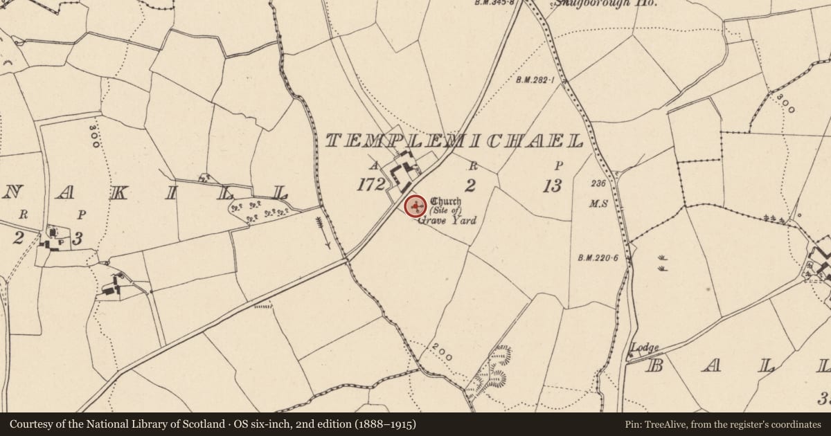 Ordnance Survey six-inch map, 2nd edition (1888–1915) covering the location of Church, Templemichael, County Wicklow, with a pin at the register's coordinates