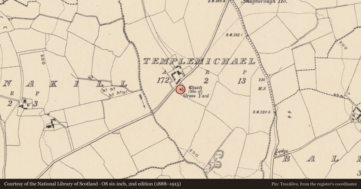Ordnance Survey six-inch map, 2nd edition (1888–1915) covering the location of Graveyard, Templemichael, County Wicklow, with a pin at the register's coordinates
