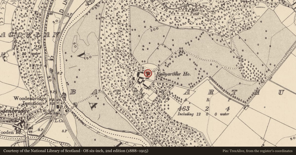 Ordnance Survey six-inch map, 2nd edition (1888–1915) covering the location of House - 16th/17th century, Ballyarthur, County Wicklow, with a pin at the register's coordinates