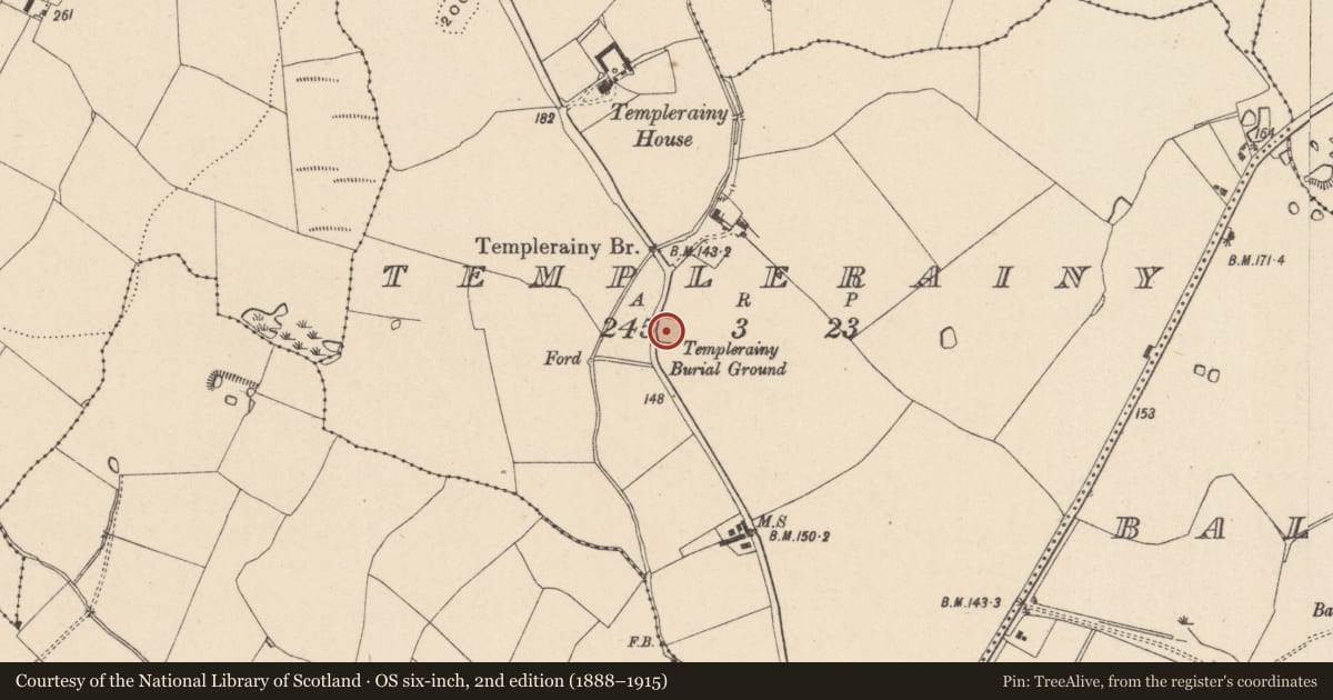 Ordnance Survey six-inch map, 2nd edition (1888–1915) covering the location of Graveyard, Templerainy, County Wicklow, with a pin at the register's coordinates