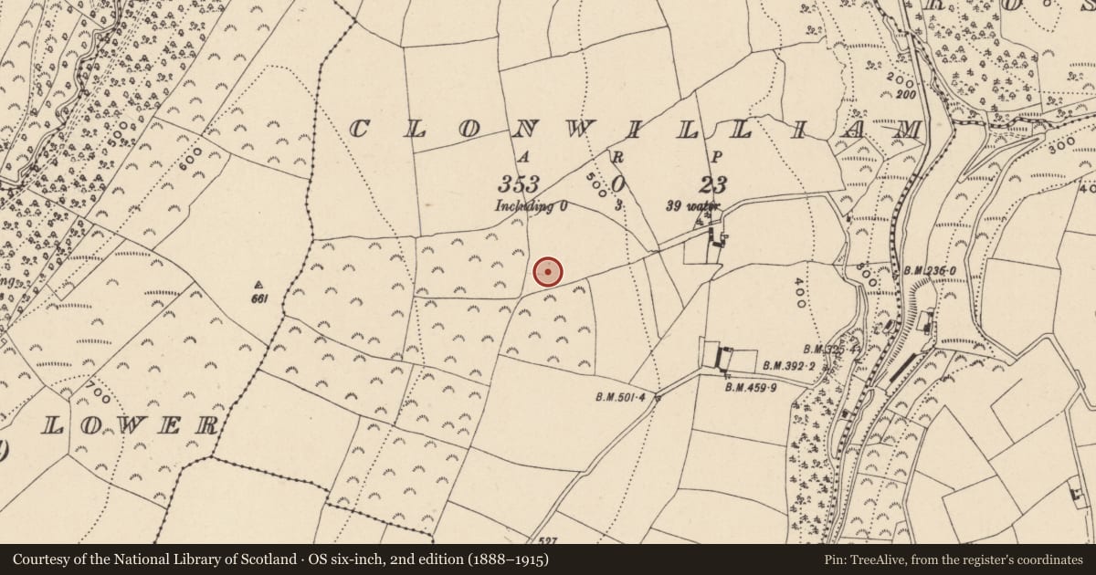 Ordnance Survey six-inch map, 2nd edition (1888–1915) covering the location of Mound, Clonwilliam, County Wicklow, with a pin at the register's coordinates