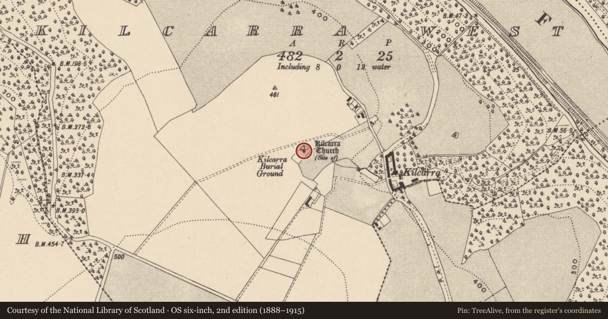 Ordnance Survey six-inch map, 2nd edition (1888–1915) covering the location of Church, Kilcarra West, County Wicklow, with a pin at the register's coordinates