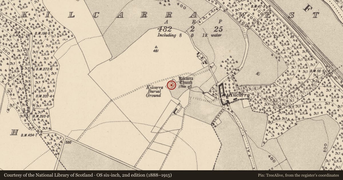 Ordnance Survey six-inch map, 2nd edition (1888–1915) covering the location of Graveyard, Kilcarra West, County Wicklow, with a pin at the register's coordinates