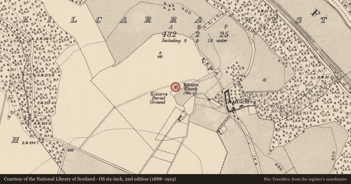 Ordnance Survey six-inch map, 2nd edition (1888–1915) covering the location of Ecclesiastical enclosure, Kilcarra West, County Wicklow, with a pin at the register's coordinates