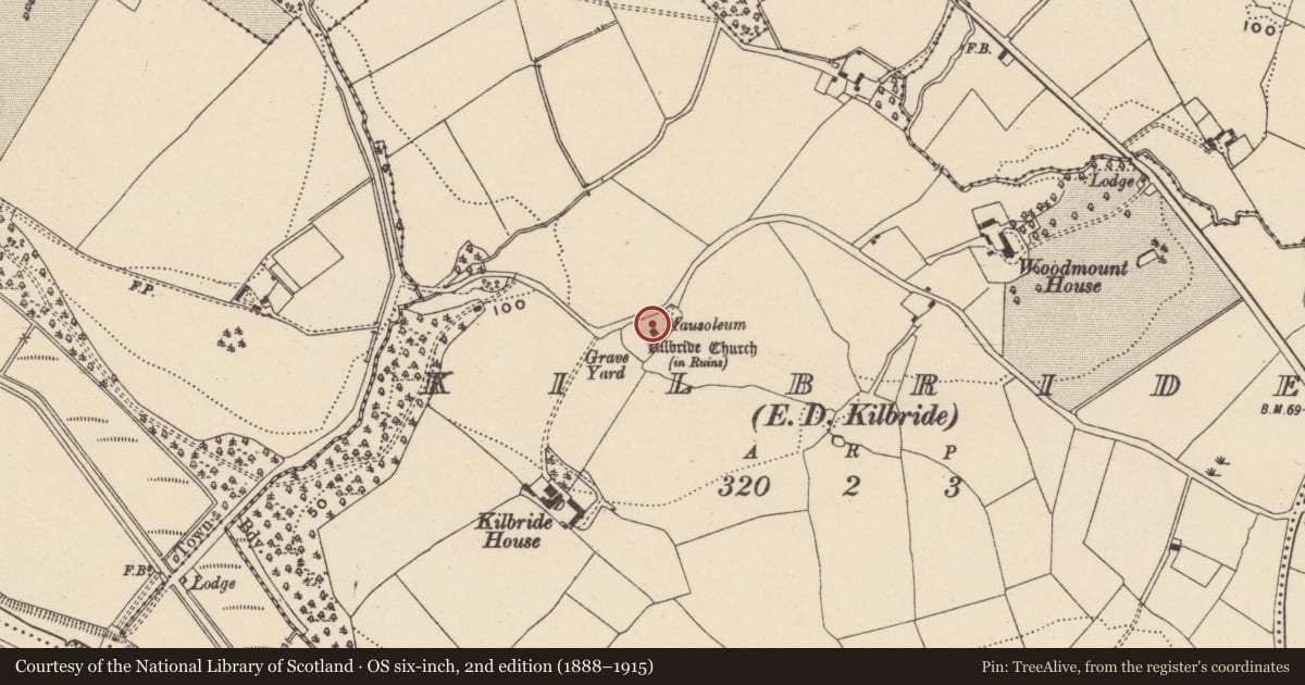 Ordnance Survey six-inch map, 2nd edition (1888–1915) covering the location of Graveyard, Kilbride, County Wicklow, with a pin at the register's coordinates