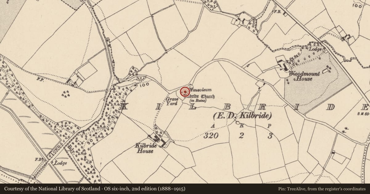 Ordnance Survey six-inch map, 2nd edition (1888–1915) covering the location of Mausoleum, Kilbride, County Wicklow, with a pin at the register's coordinates