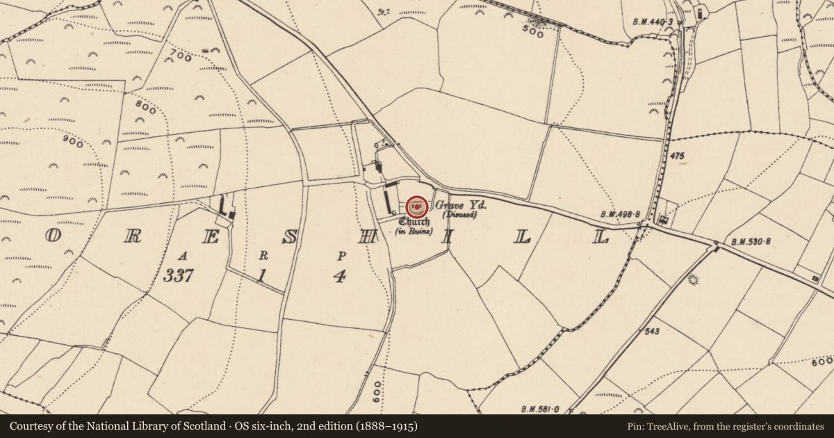 Ordnance Survey six-inch map, 2nd edition (1888–1915) covering the location of Church, Mooreshill, County Wicklow, with a pin at the register's coordinates