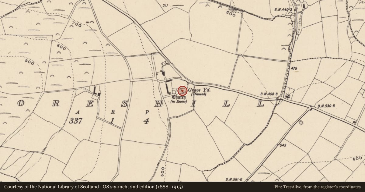 Ordnance Survey six-inch map, 2nd edition (1888–1915) covering the location of Graveyard, Mooreshill, County Wicklow, with a pin at the register's coordinates