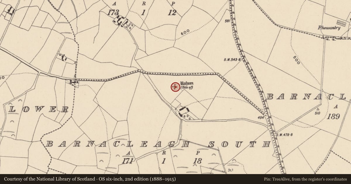 Ordnance Survey six-inch map, 2nd edition (1888–1915) covering the location of Ringfort - unclassified, Barnacleagh South, County Wicklow, with a pin at the register's coordinates