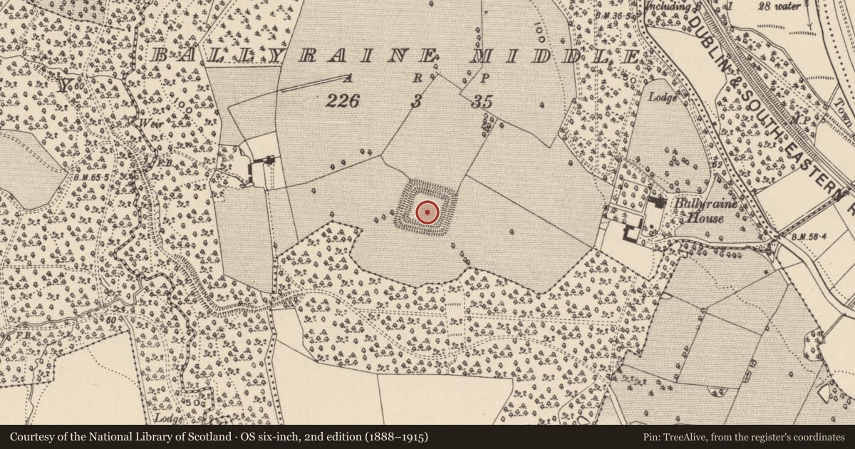 Ordnance Survey six-inch map, 2nd edition (1888–1915) covering the location of Moated site, Ballyraine Middle, County Wicklow, with a pin at the register's coordinates