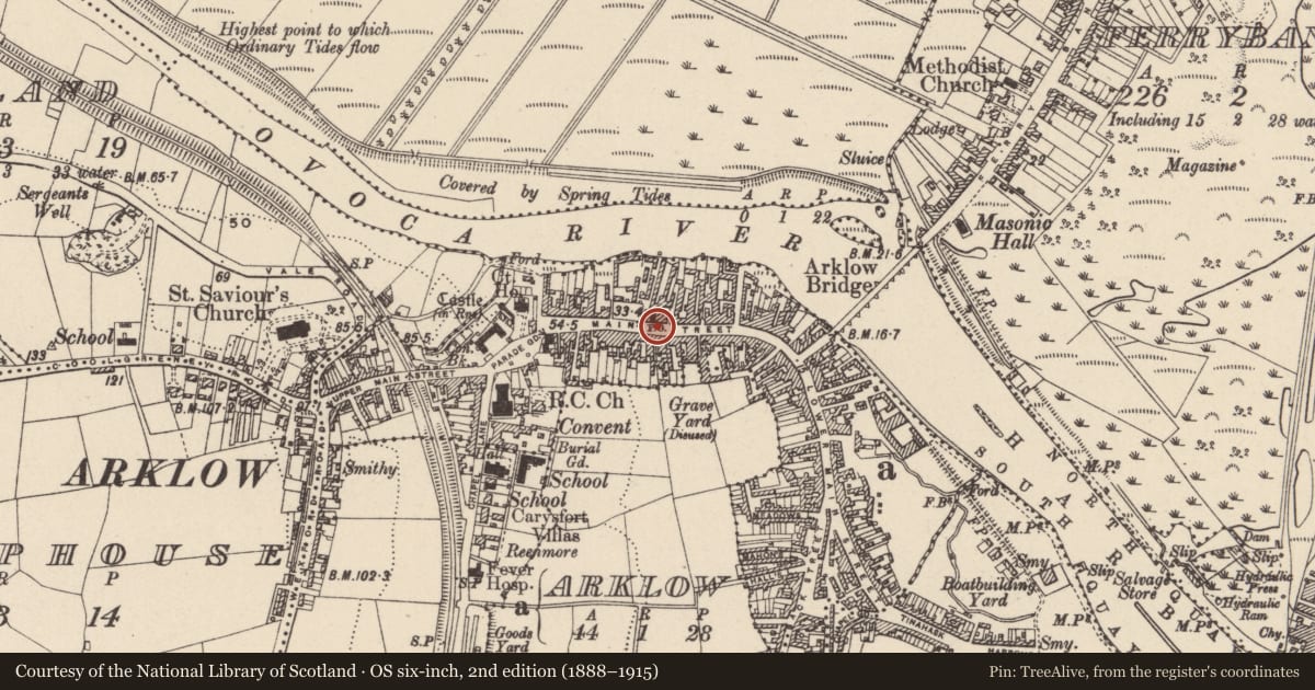 Ordnance Survey six-inch map, 2nd edition (1888–1915) covering the location of Historic town, Arklow, County Wicklow, with a pin at the register's coordinates