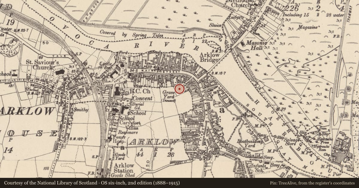 Ordnance Survey six-inch map, 2nd edition (1888–1915) covering the location of Religious house - Dominican friars, Abbeylands, County Wicklow, with a pin at the register's coordinates