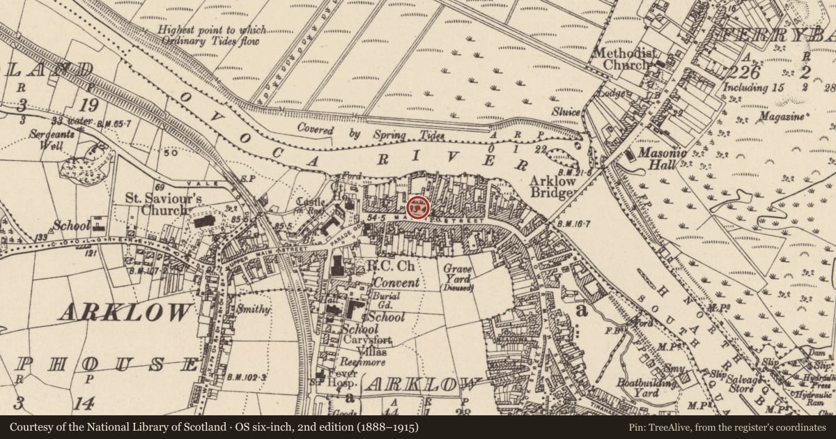 Ordnance Survey six-inch map, 2nd edition (1888–1915) covering the location of Church, Arklow, County Wicklow, with a pin at the register's coordinates