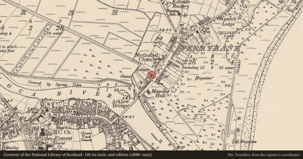 Ordnance Survey six-inch map, 2nd edition (1888–1915) covering the location of Religious house - Cistercian monks, Ferrybank, County Wicklow, with a pin at the register's coordinates