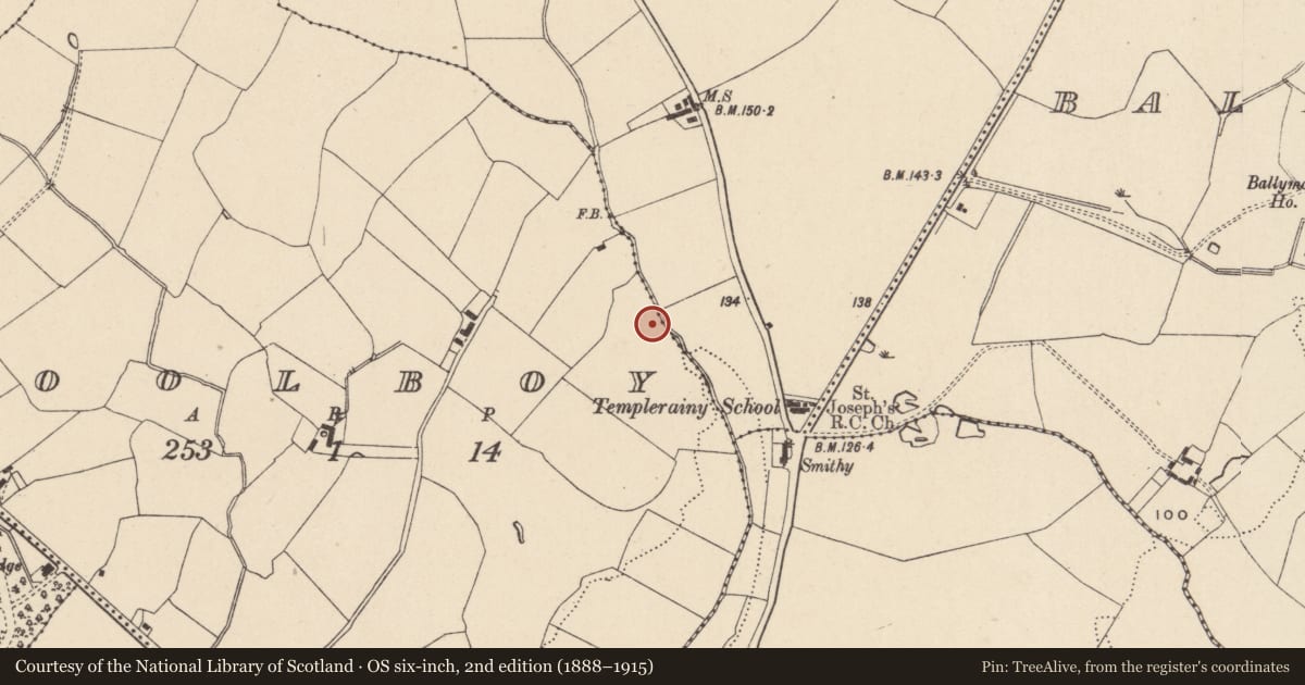 Ordnance Survey six-inch map, 2nd edition (1888–1915) covering the location of Burnt mound, Coolboy, County Wicklow, with a pin at the register's coordinates