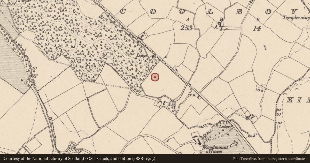 Ordnance Survey six-inch map, 2nd edition (1888–1915) covering the location of Burnt mound, Kilbride, County Wicklow, with a pin at the register's coordinates