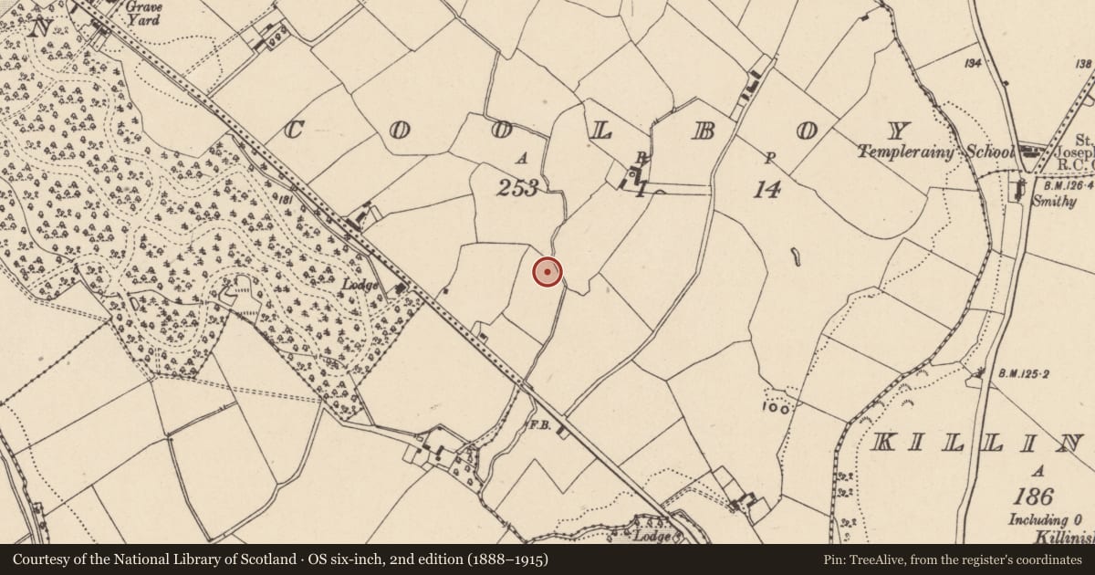 Ordnance Survey six-inch map, 2nd edition (1888–1915) covering the location of Burnt mound, Coolboy, County Wicklow, with a pin at the register's coordinates