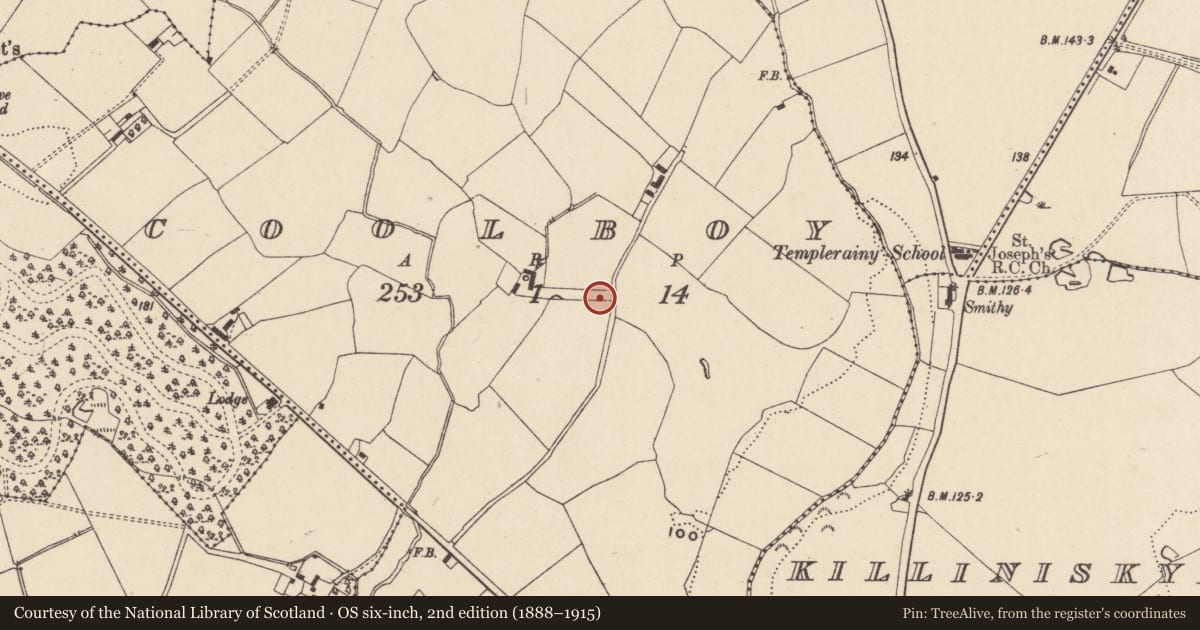 Ordnance Survey six-inch map, 2nd edition (1888–1915) covering the location of Burnt pit, Coolboy, County Wicklow, with a pin at the register's coordinates