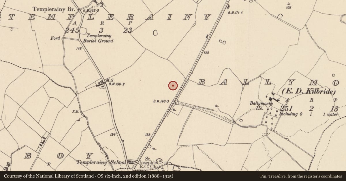 Ordnance Survey six-inch map, 2nd edition (1888–1915) covering the location of Cremation pit, Templerainy, County Wicklow, with a pin at the register's coordinates