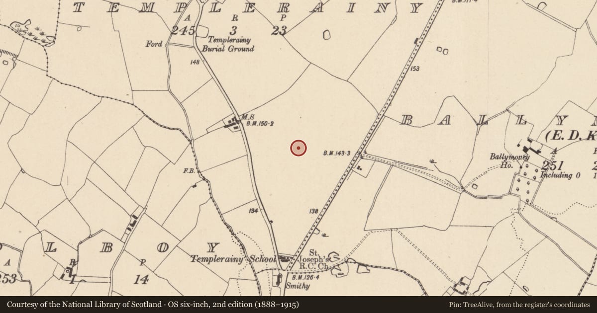 Ordnance Survey six-inch map, 2nd edition (1888–1915) covering the location of Cremation pit, Templerainy, County Wicklow, with a pin at the register's coordinates