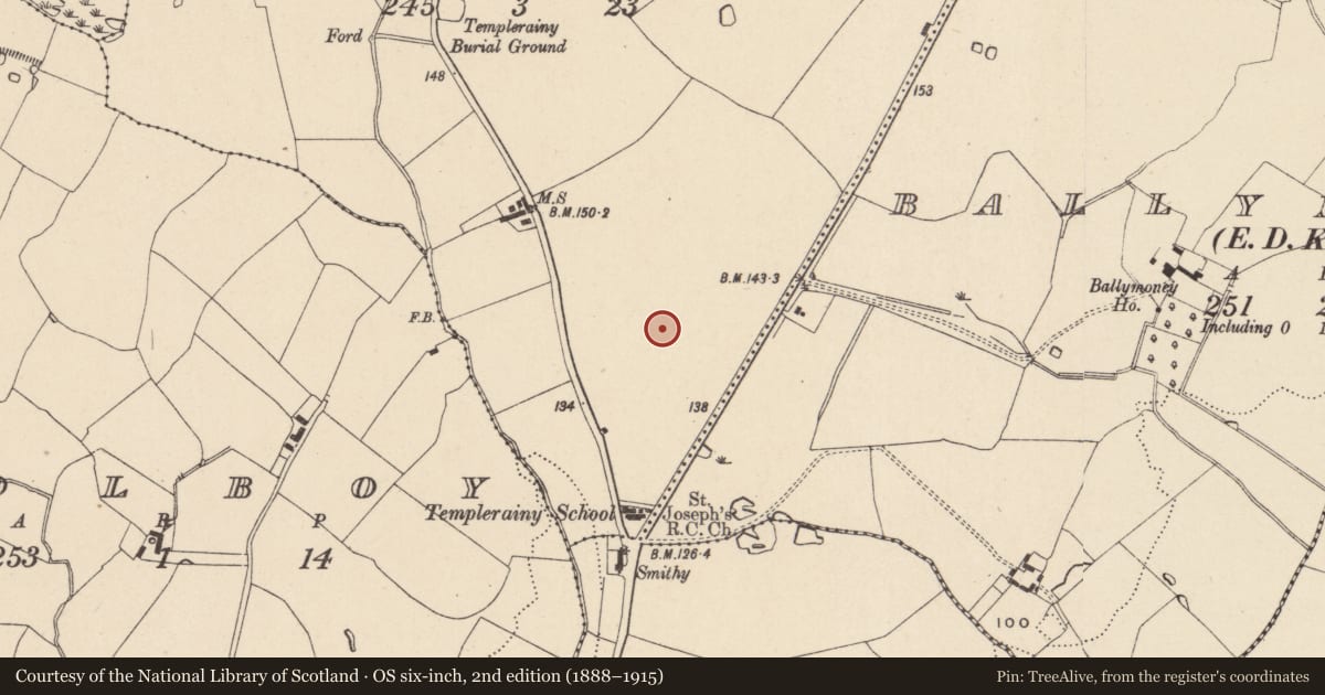 Ordnance Survey six-inch map, 2nd edition (1888–1915) covering the location of Cremation pit, Templerainy, County Wicklow, with a pin at the register's coordinates