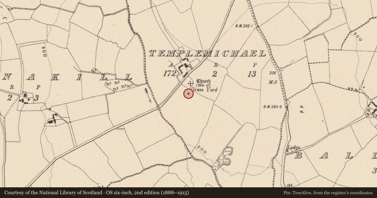Ordnance Survey six-inch map, 2nd edition (1888–1915) covering the location of Enclosure, Templemichael, County Wicklow, with a pin at the register's coordinates