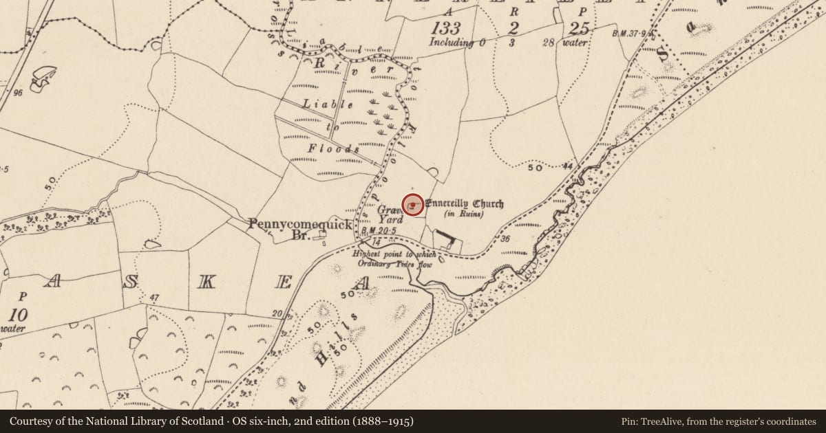 Ordnance Survey six-inch map, 2nd edition (1888–1915) covering the location of Church, Ennereilly, County Wicklow, with a pin at the register's coordinates