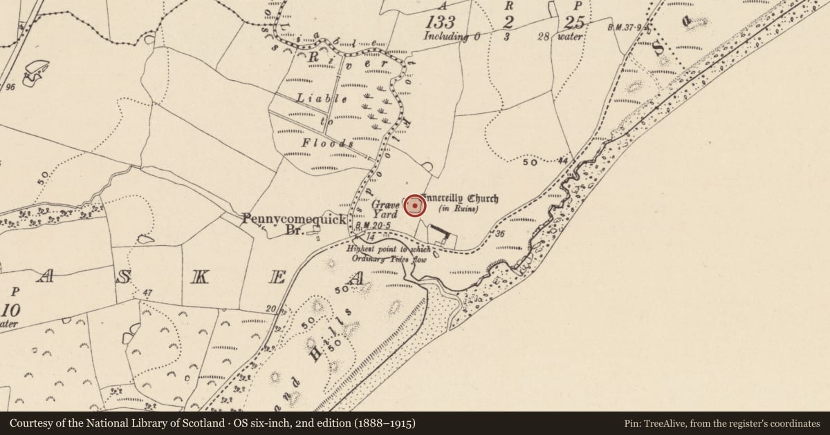 Ordnance Survey six-inch map, 2nd edition (1888–1915) covering the location of Graveyard, Ennereilly, County Wicklow, with a pin at the register's coordinates