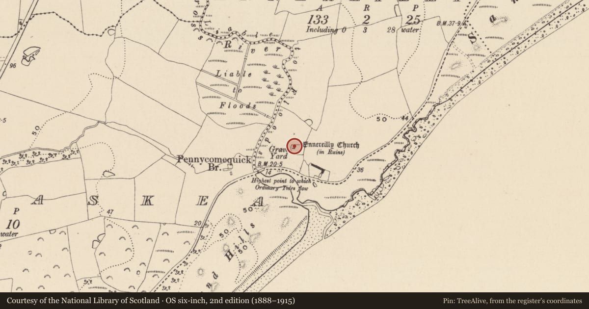 Ordnance Survey six-inch map, 2nd edition (1888–1915) covering the location of Ecclesiastical enclosure, Ennereilly, County Wicklow, with a pin at the register's coordinates