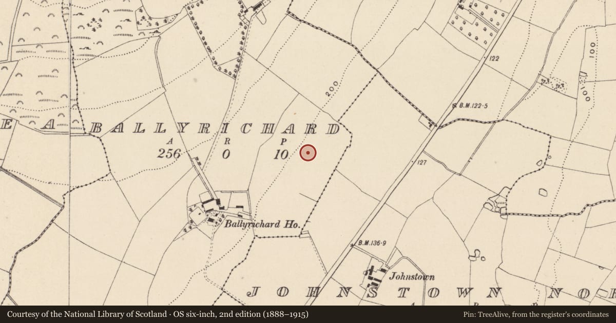 Ordnance Survey six-inch map, 2nd edition (1888–1915) covering the location of Settlement deserted - medieval, Ballyrichard, County Wicklow, with a pin at the register's coordinates
