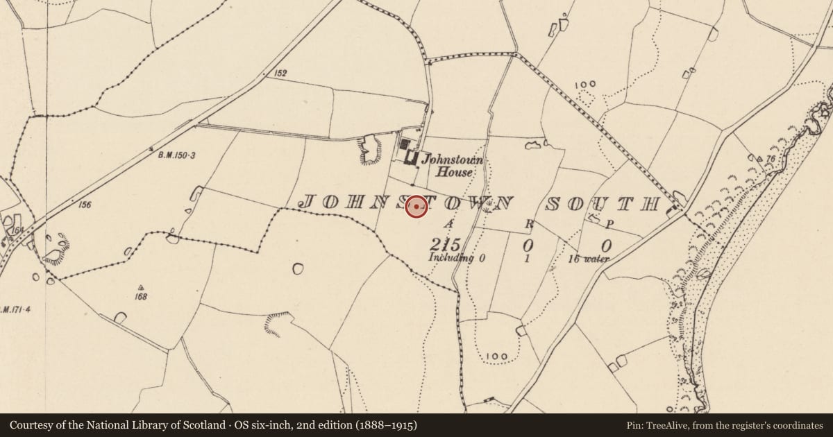 Ordnance Survey six-inch map, 2nd edition (1888–1915) covering the location of Enclosure, Johnstown South, County Wicklow, with a pin at the register's coordinates