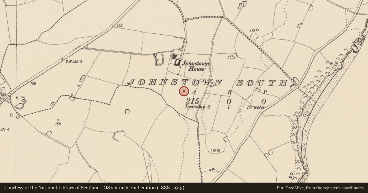 Ordnance Survey six-inch map, 2nd edition (1888–1915) covering the location of Enclosure, Johnstown South, County Wicklow, with a pin at the register's coordinates