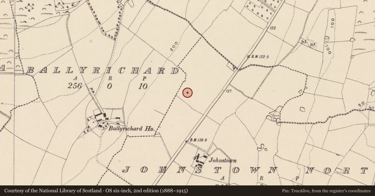 Ordnance Survey six-inch map, 2nd edition (1888–1915) covering the location of Fulacht fia, Johnstown North, County Wicklow, with a pin at the register's coordinates