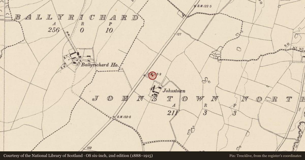 Ordnance Survey six-inch map, 2nd edition (1888–1915) covering the location of Fulacht fia, Johnstown North, County Wicklow, with a pin at the register's coordinates