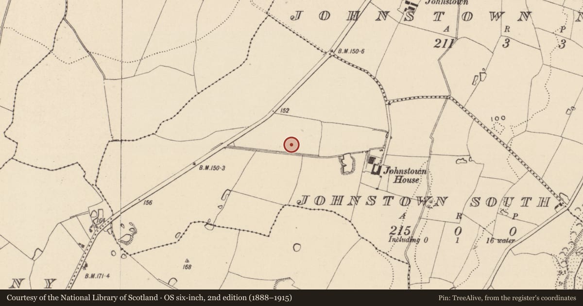 Ordnance Survey six-inch map, 2nd edition (1888–1915) covering the location of Burnt mound, Johnstown South, County Wicklow, with a pin at the register's coordinates