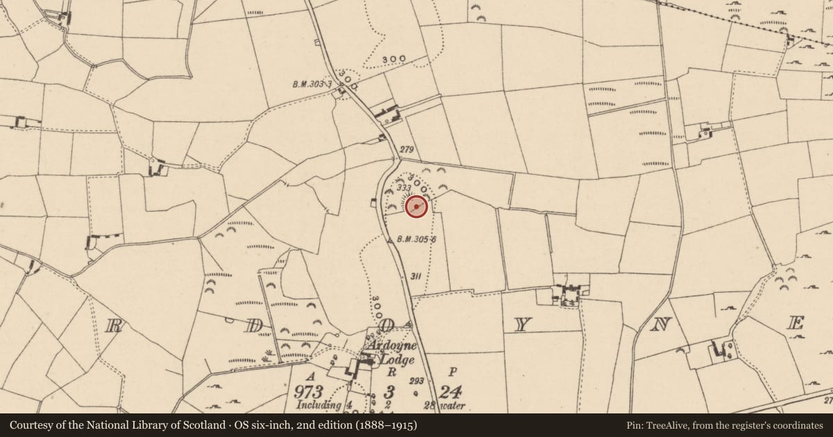 Ordnance Survey six-inch map, 2nd edition (1888–1915) covering the location of Enclosure, Ardoyne, County Wicklow, with a pin at the register's coordinates