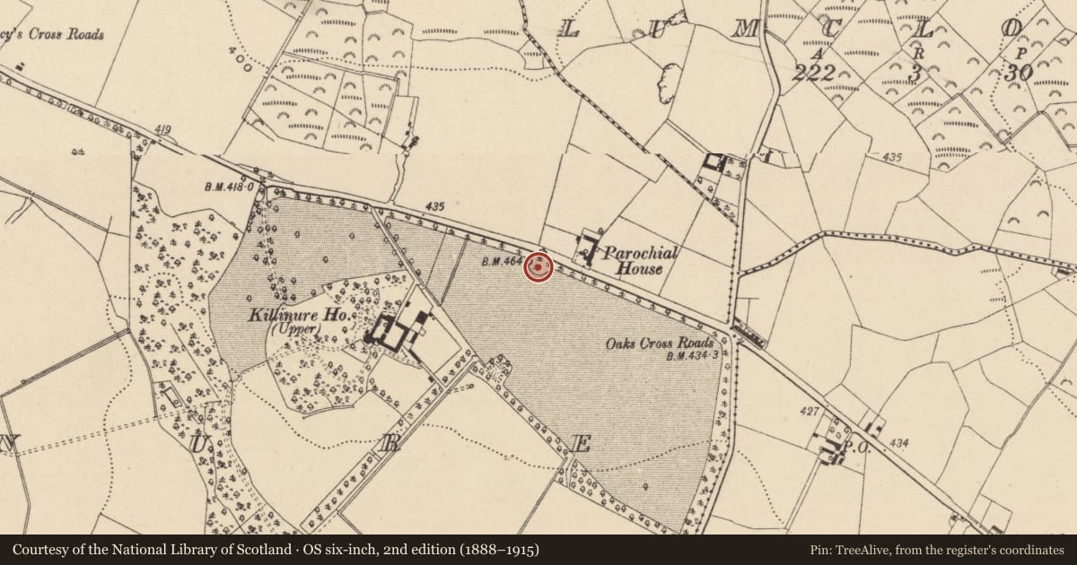 Ordnance Survey six-inch map, 2nd edition (1888–1915) covering the location of Enclosure, Killinure, County Wicklow, with a pin at the register's coordinates