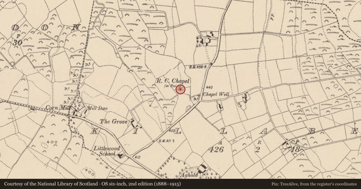 Ordnance Survey six-inch map, 2nd edition (1888–1915) covering the location of Church, Killabeg, County Wicklow, with a pin at the register's coordinates